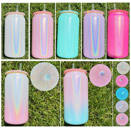 16oz Sublimation Shimmer Glass Can with Bling Lid